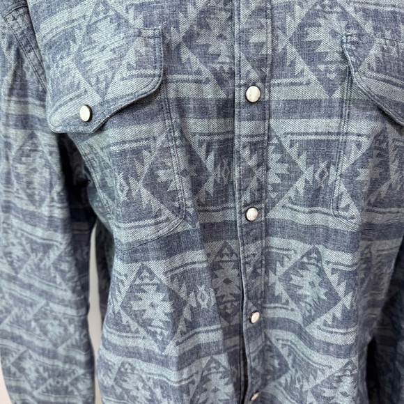 Lucky Brand Men’s Blue Aztec Denim Pearl Snap Shirt Western Saturday Stretch - Picture 3 of 5